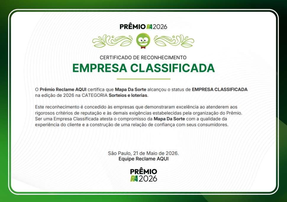 ? Mapa da Sorte é Empresa Classificada no Prêmio Reclame AQUI 2026!